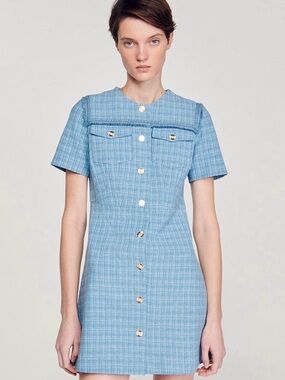 Sandro Blue Tweed Button-Front Short Sleeve Dress